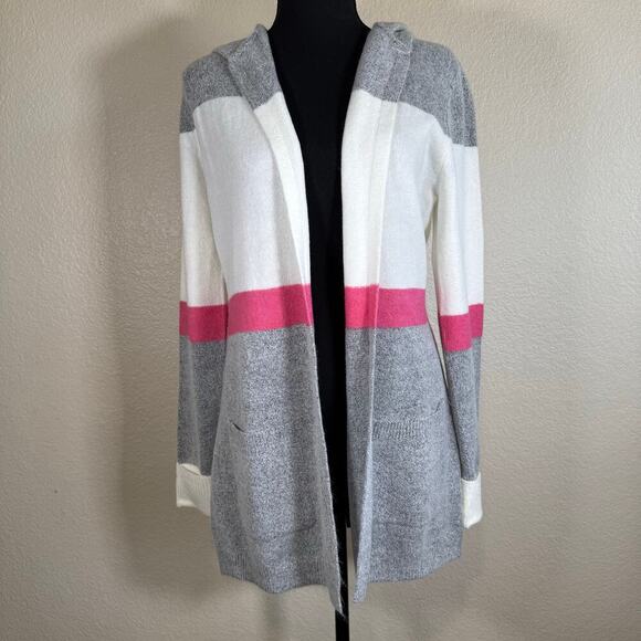 NWOT Love Ellie Open Front Block Stripes Hooded Pockets Gray White Pink Women S - Picture 1 of 10